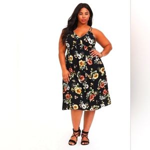 Black Floral Mixed Print Midi Dress